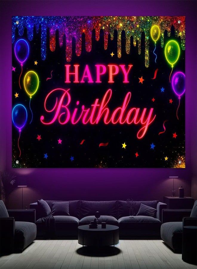 BlissYard Neon Happy Birthday Banner 71x43 Inch Glow in the dark Party Decoration Backdrop Colorful Balloons Stars Birthday Party Supplies Photo Booth Props For Girls or boys gifts - Image 4